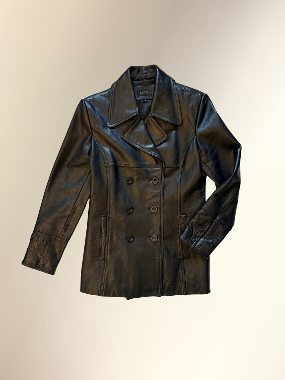 Vintage Guess Black Genuine Leather Double Breasted Jacket Coat Women's M